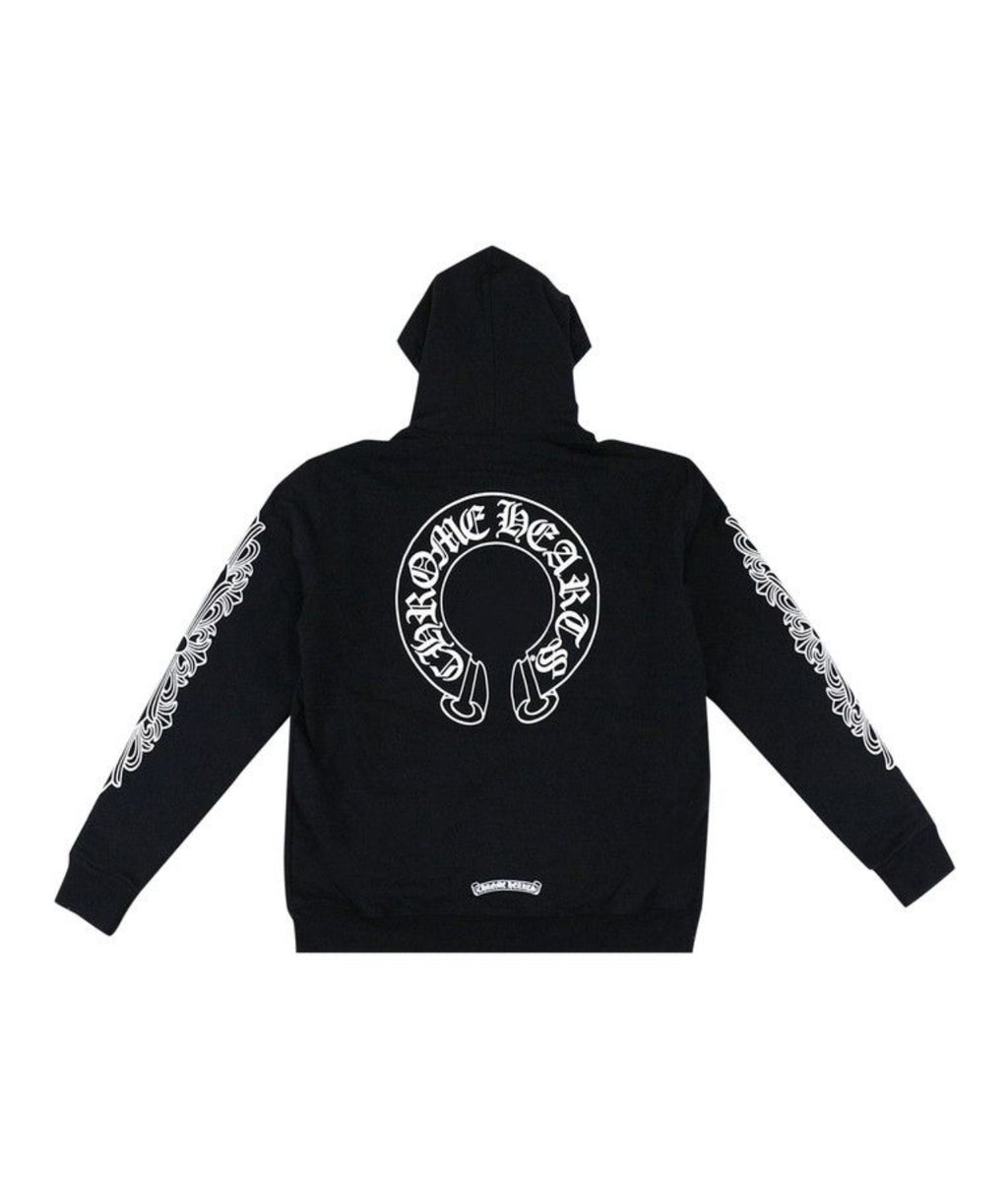 Chrome Heart Horseshoe Floral Cross-Sleeve Zip Up Hoodie Black