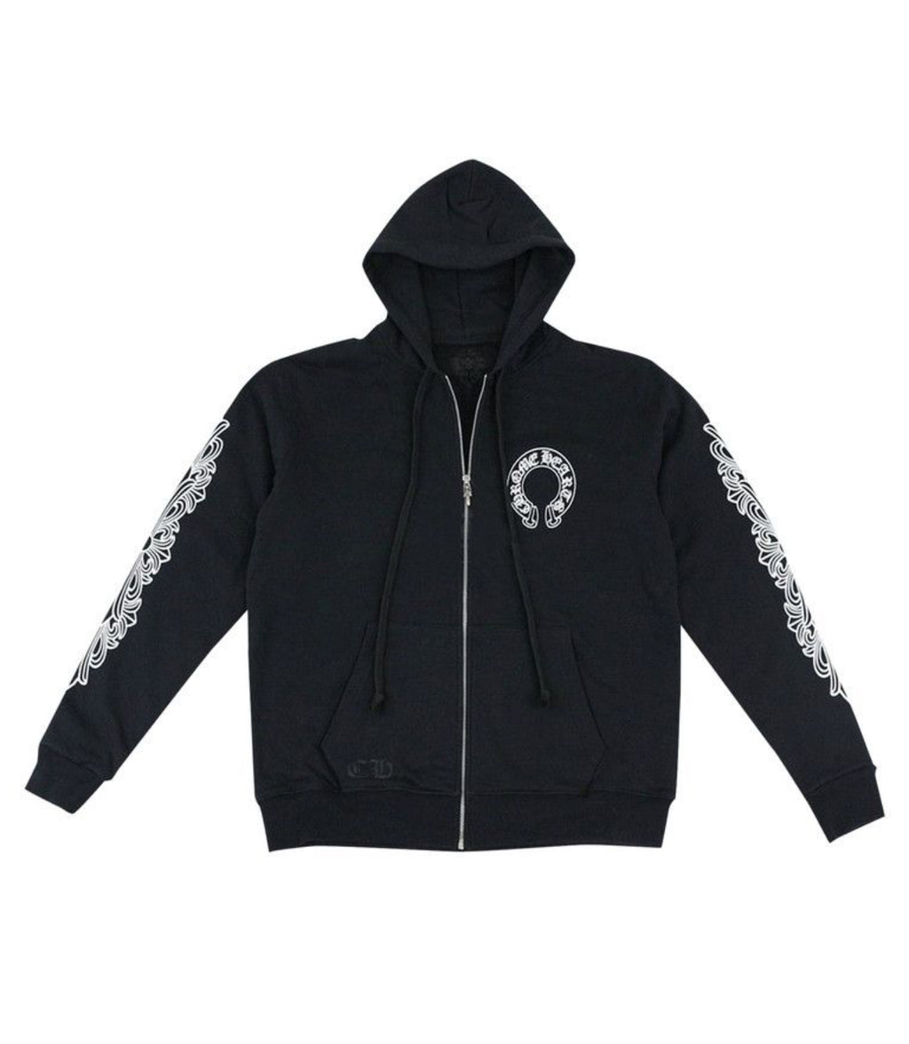 Chrome Heart Horseshoe Floral Cross-Sleeve Zip Up Hoodie Black