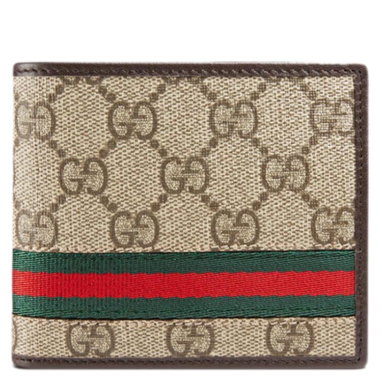 Gucci Brown GG Supreme Canvas and Leather Web Detail Coin Pouch Bi-Fold Wallet